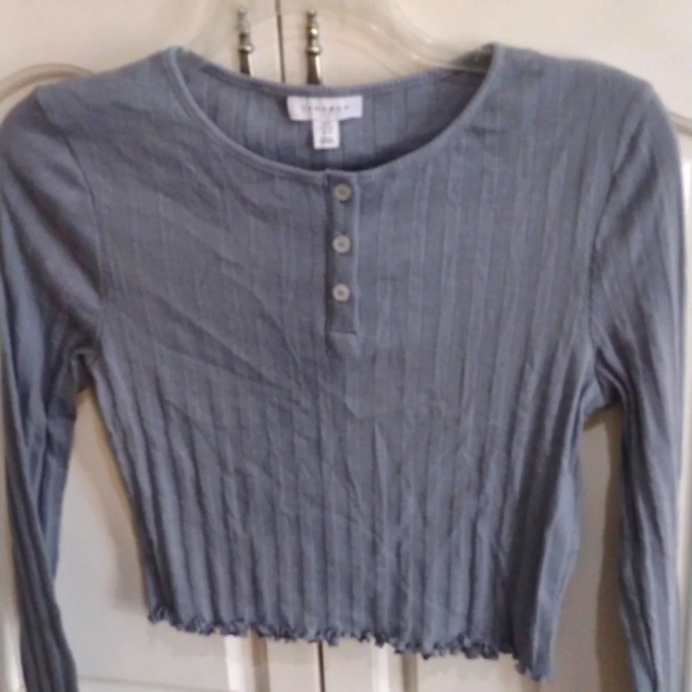 NWT TOP SHOP Blue Henley Long Sleeve Ribbed slight Crop Top Women's Size 10 - Picture 3 of 6